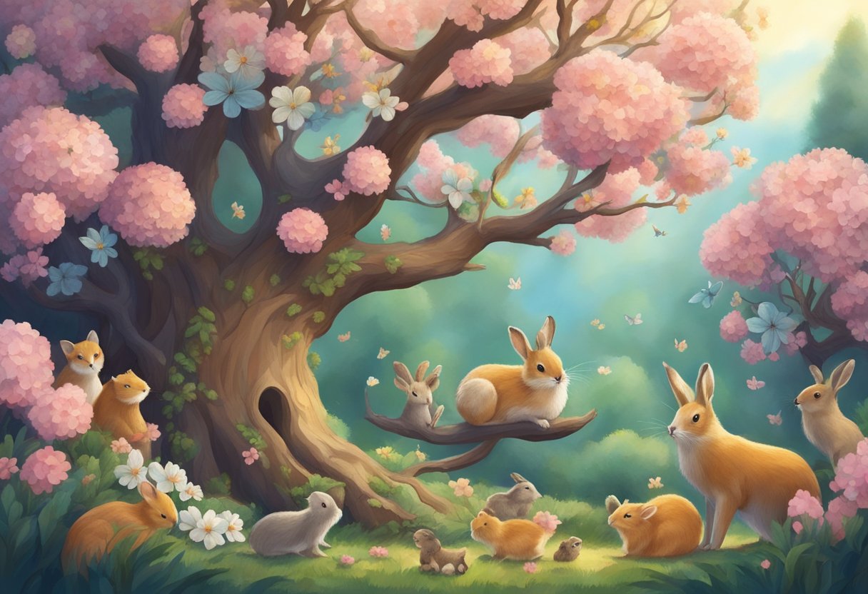 A tree with spreading branches, surrounded by blooming flowers and small animals interacting in harmony