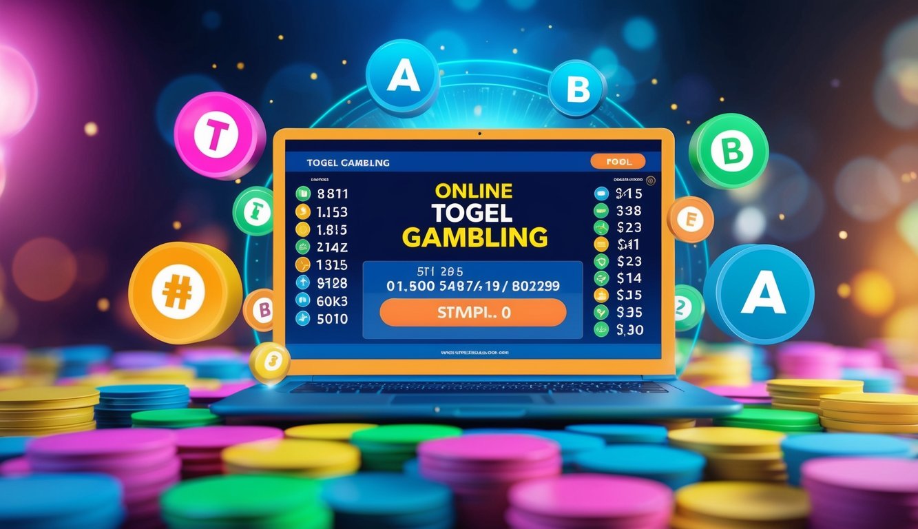 Sebuah ilustrasi yang berwarna-warni dan penuh semangat dari antarmuka digital yang menampilkan prediksi akurat untuk permainan judi Togel online