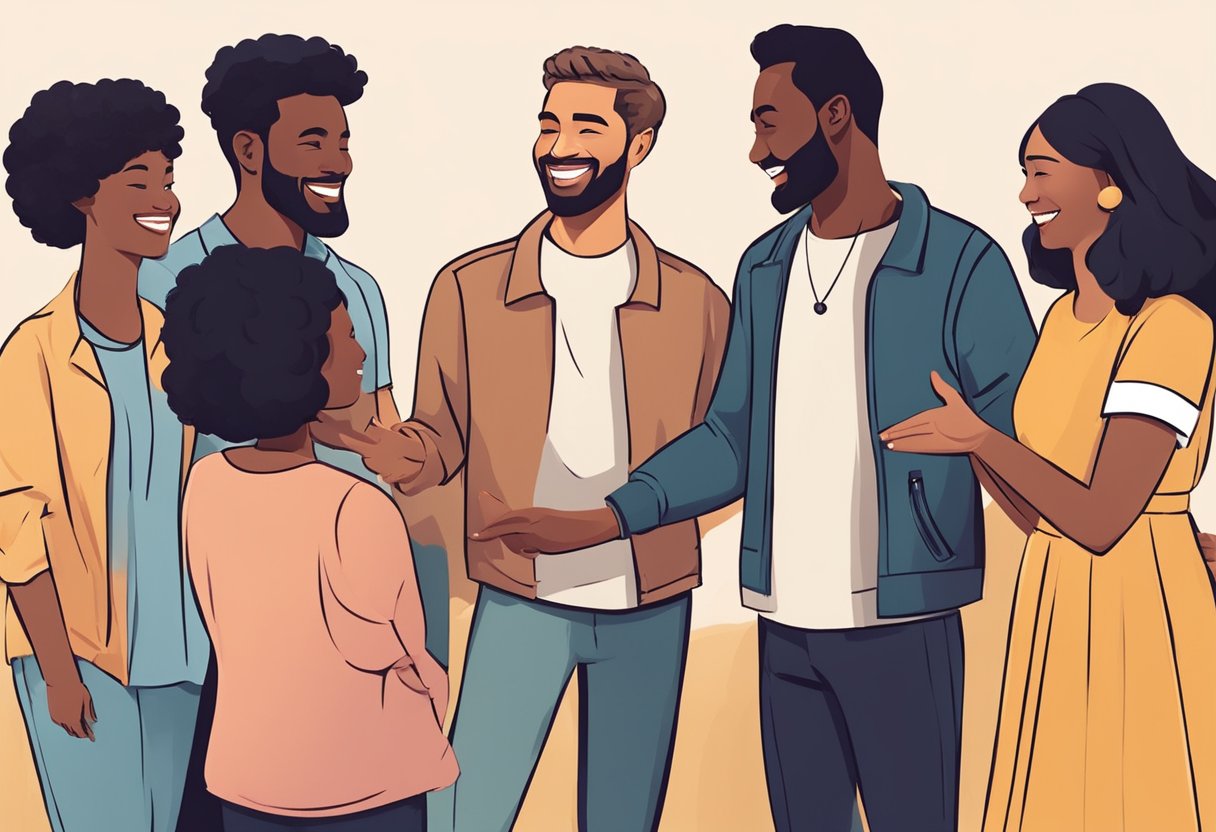 A group of diverse individuals stand in a circle, smiling and engaging in conversation. The atmosphere is warm and inviting, with open body language and friendly gestures