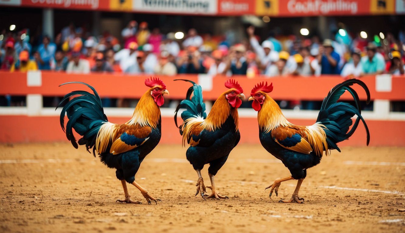 Sebuah arena sabung ayam yang meriah dengan penonton yang bersorak dan ayam jantan berwarna-warni di tengah pertarungan sengit