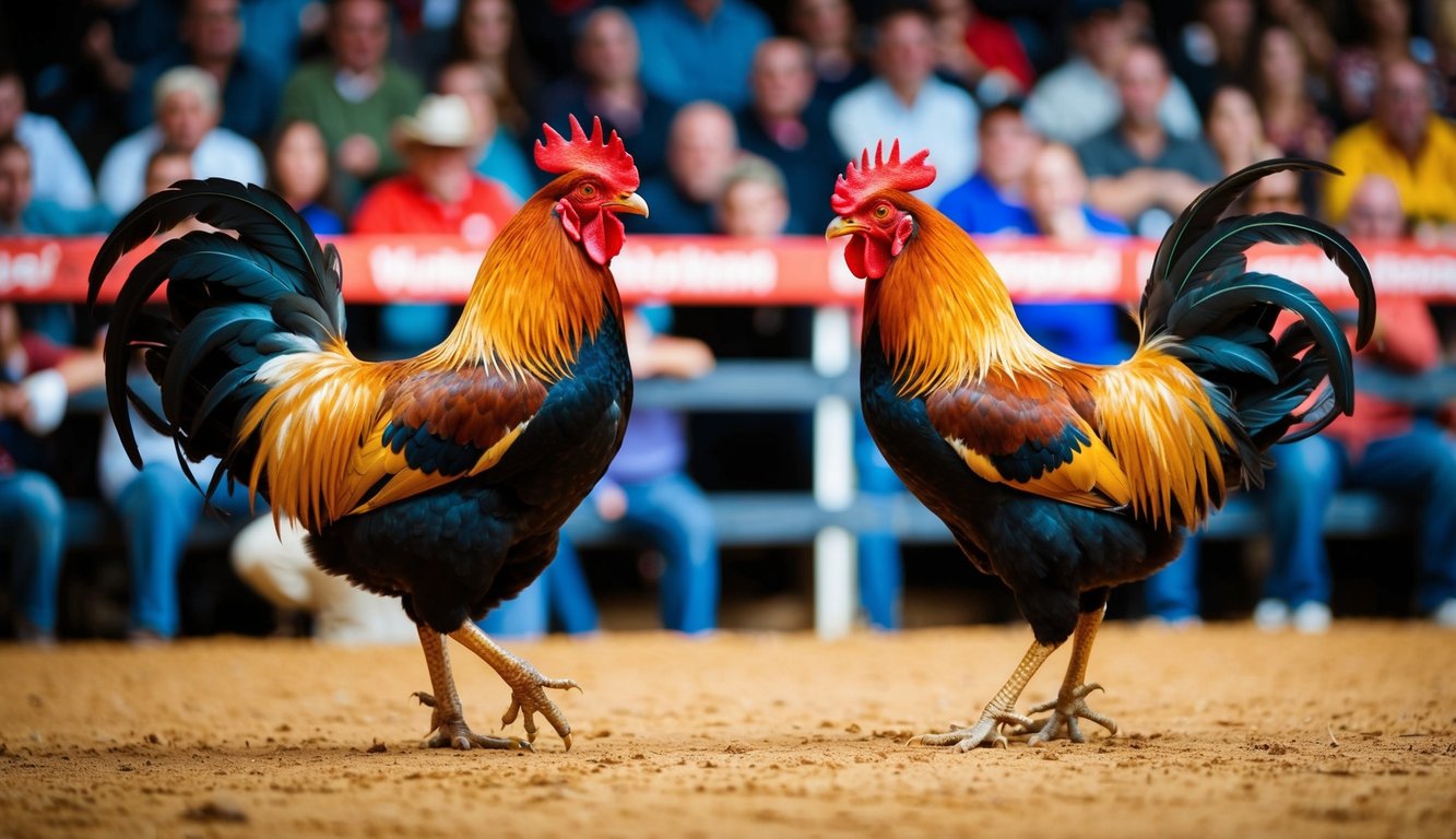 Dua ayam jantan berhadapan di arena yang ramai, dikelilingi oleh penonton yang antusias