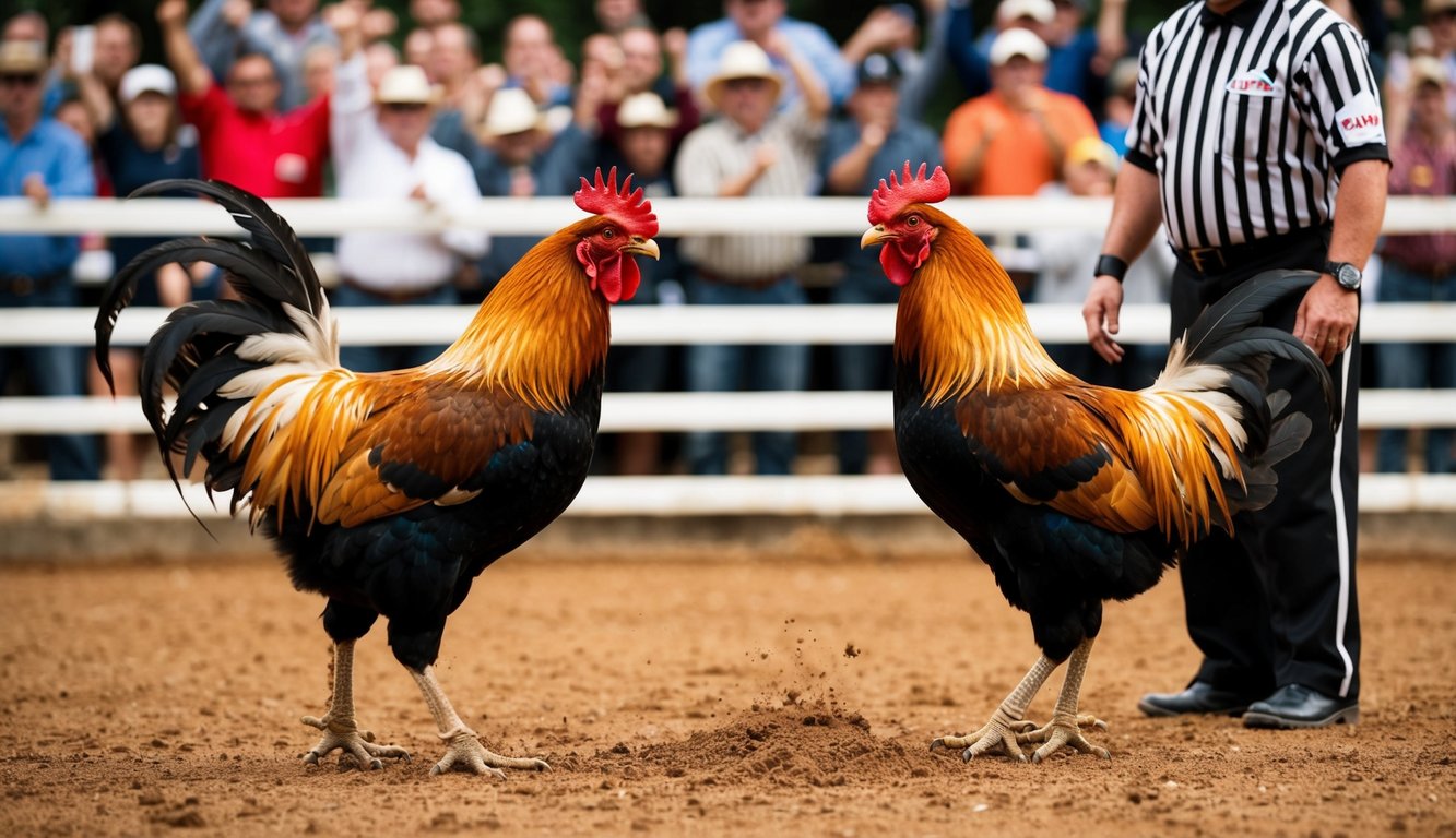 Dua ayam jantan berhadapan di dalam lubang tanah yang dikelilingi oleh penonton yang bersorak. Seorang wasit berdiri di samping, siap untuk memulai pertandingan.