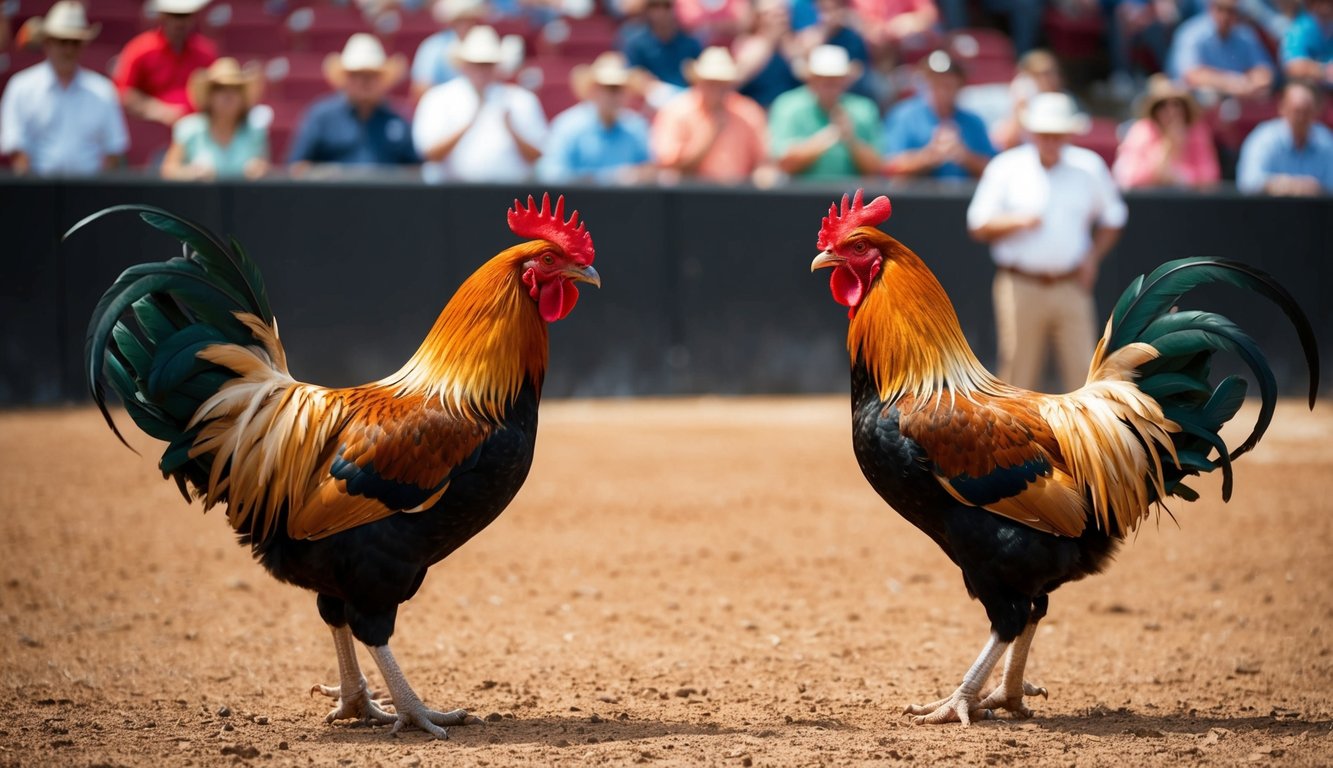 Dua ayam jantan berhadapan di arena tanah dengan penonton yang bersorak di latar belakang