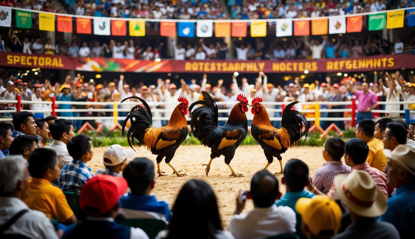 Sebuah arena yang ramai dengan ayam jantan bertarung, dikelilingi oleh penonton yang bersorak dan spanduk berwarna-warni