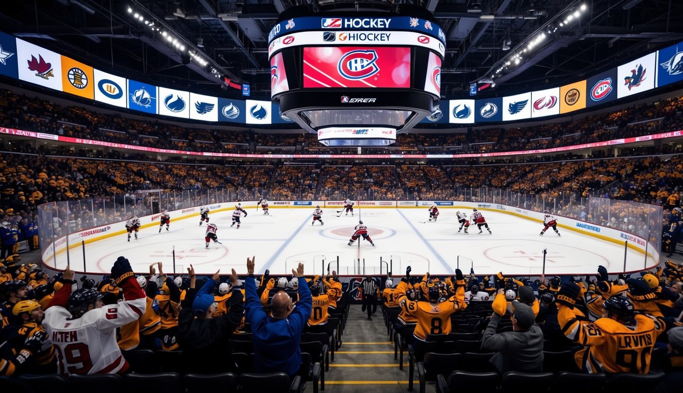 Sebuah arena hoki yang dipenuhi dengan penggemar yang bersorak saat para pemain bersaing di atas es, dikelilingi oleh logo tim dan spanduk.