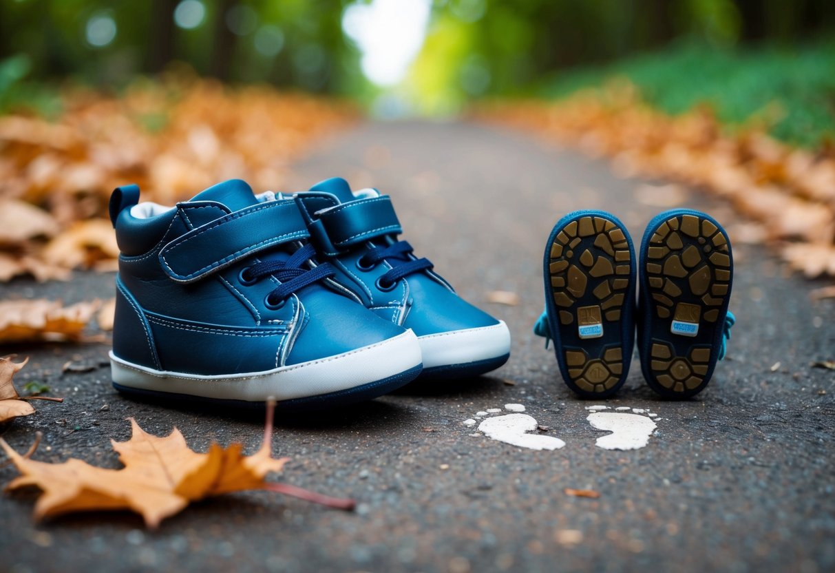 A pair of sturdy baby shoes placed next to a tiny pair of footprints on a path, surrounded by fallen leaves