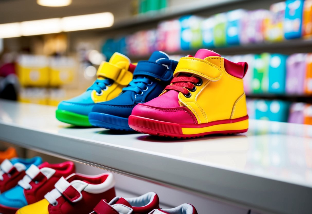 A pair of colorful, sturdy baby walking shoes displayed on a shelf in a well-lit store
