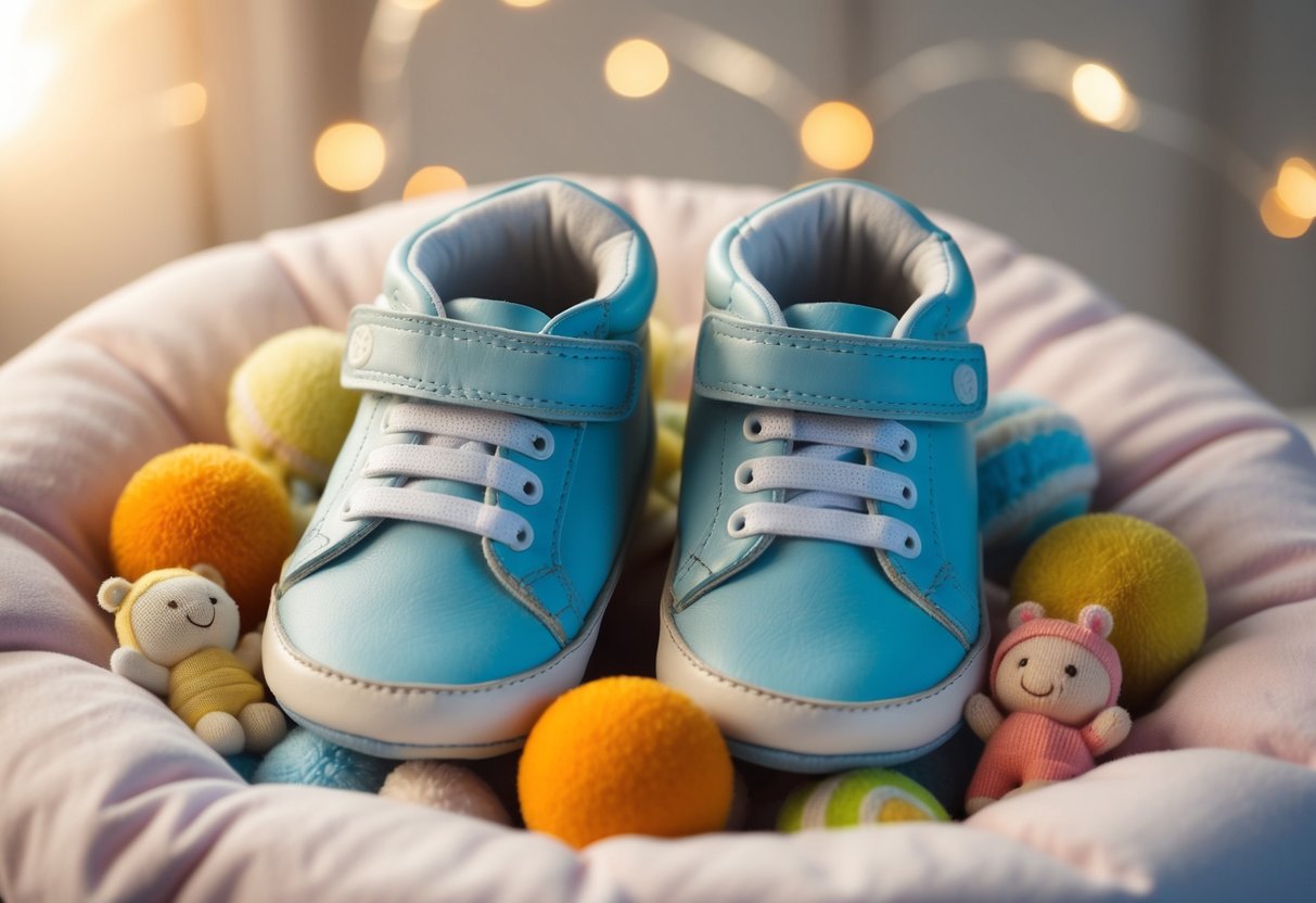 A pair of baby shoes surrounded by soft, cushioned padding and tiny toys, with a gentle light shining on them