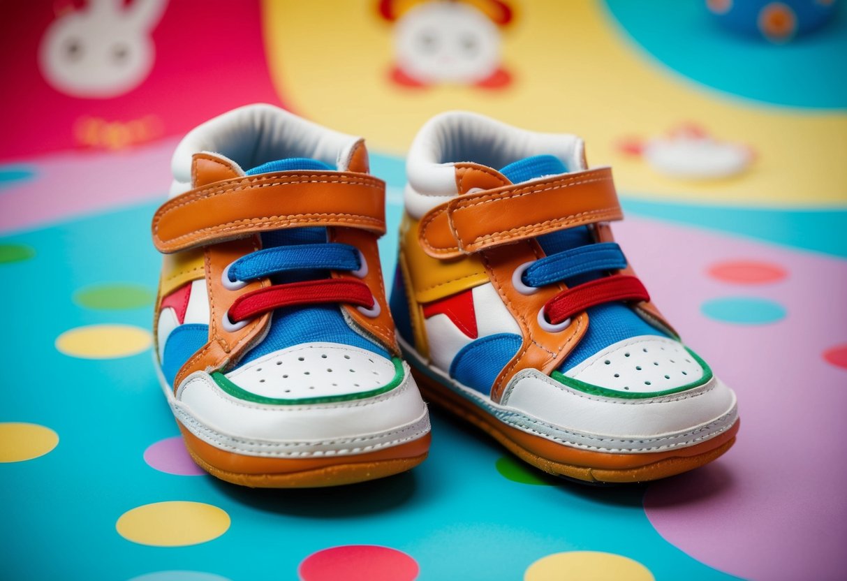 A pair of baby walking shoes displayed on a colorful background with playful and child-friendly designs