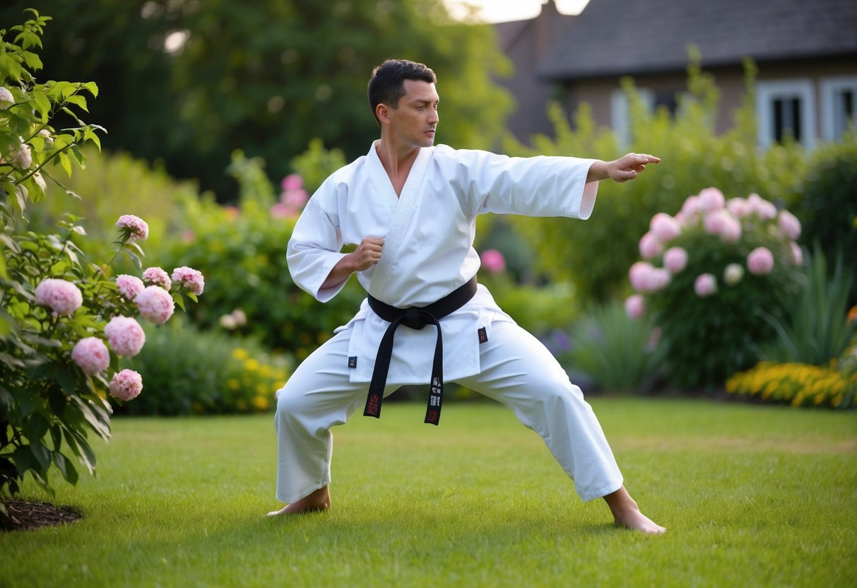 A person practicing karate in a peaceful garden, surrounded by lush greenery and blooming flowers, demonstrating focus and discipline