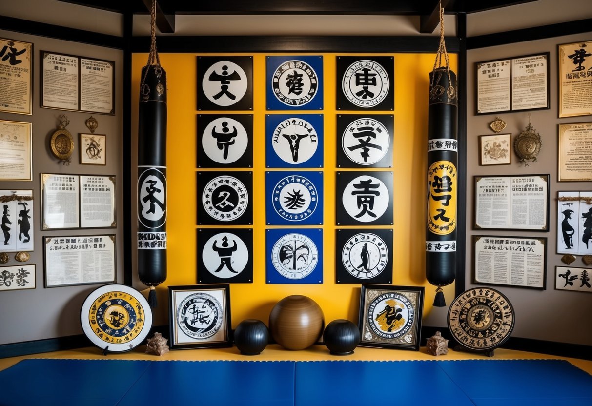 A dojo with various karate styles' symbols displayed, surrounded by historical artifacts and documents showcasing karate's significance and benefits