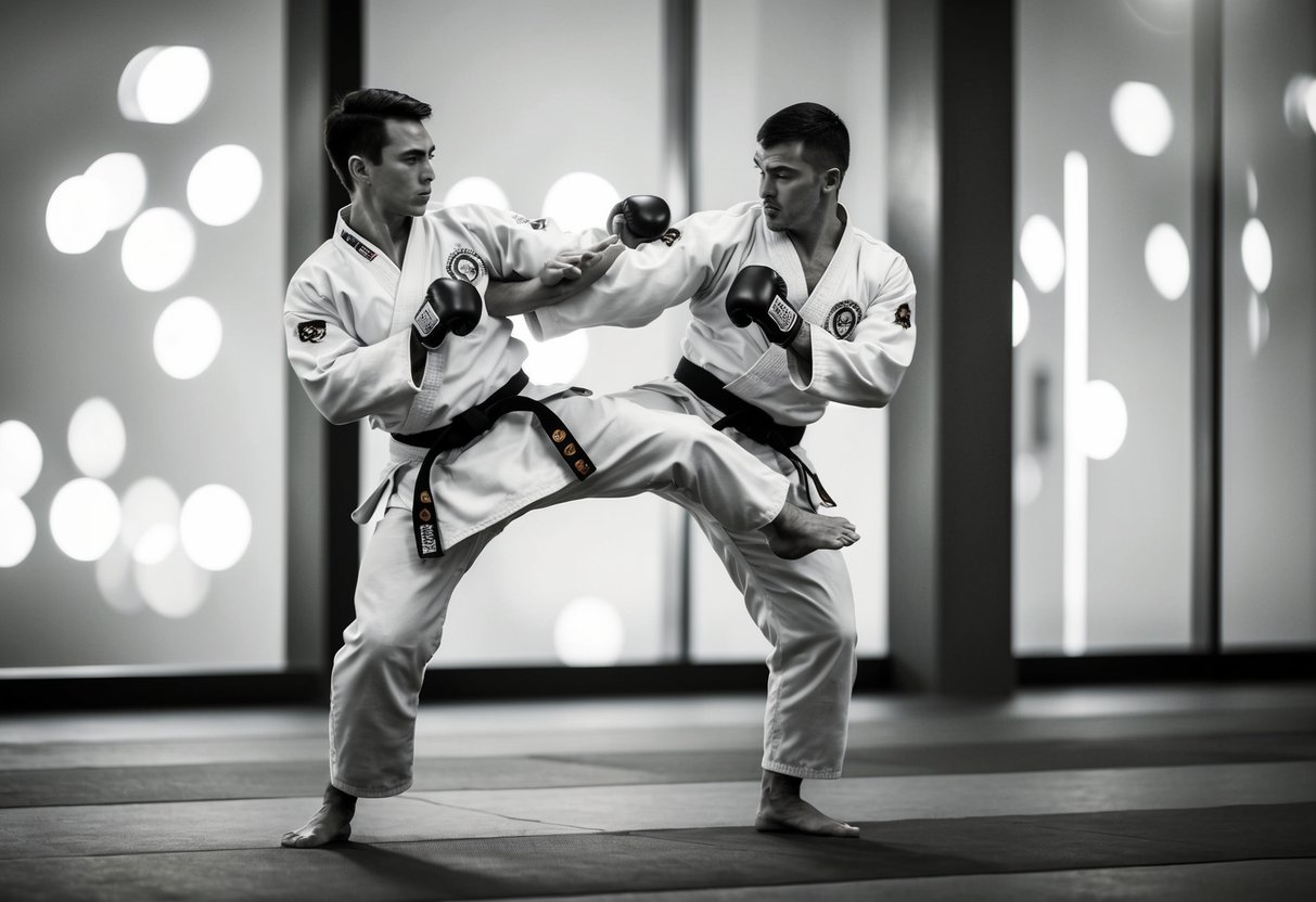 A karate practitioner performing a series of precise and powerful strikes and kicks, displaying strength, balance, and flexibility