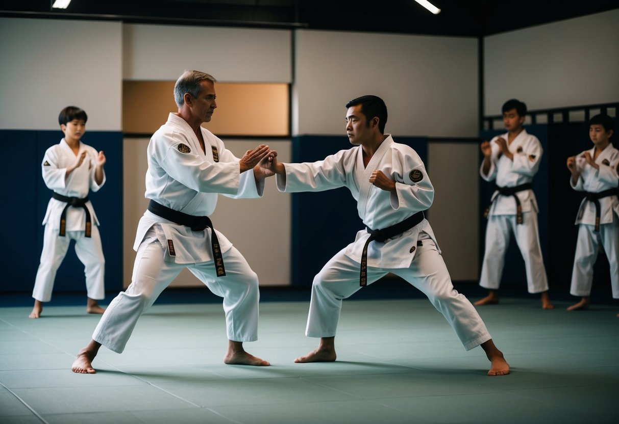 A serene dojo with a sensei guiding students through karate forms, exuding focus and discipline