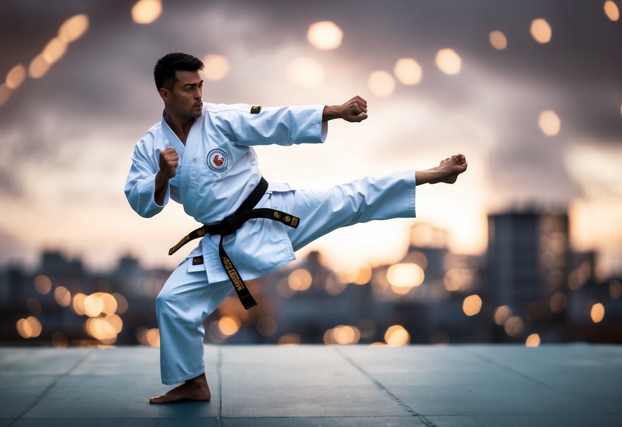 A karate student demonstrating a powerful kick, showcasing the technical skills and self-defense techniques learned through training