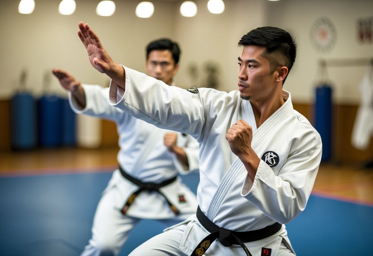 A karate student practicing discipline and focus while performing kata in a serene dojo setting