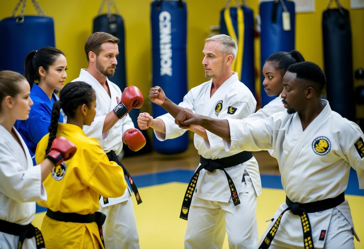 A group of diverse people engage in karate training, showing teamwork, discipline, and physical fitness