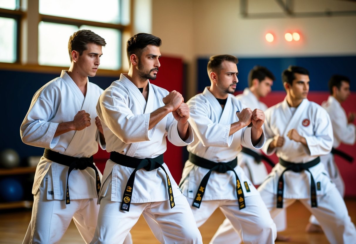 A group of karate students train together, demonstrating discipline and focus as they practice various techniques and forms