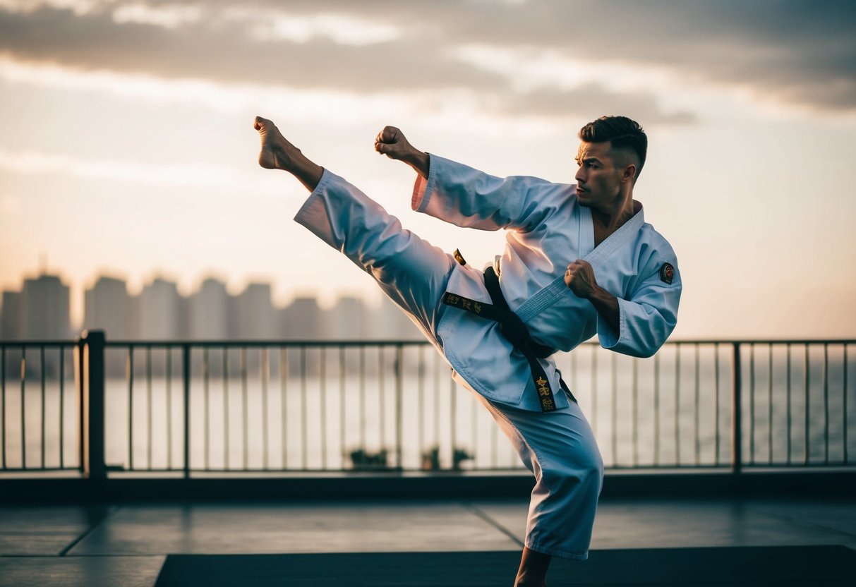 A karate practitioner effortlessly executing a series of powerful kicks and punches, displaying strength, flexibility, and discipline