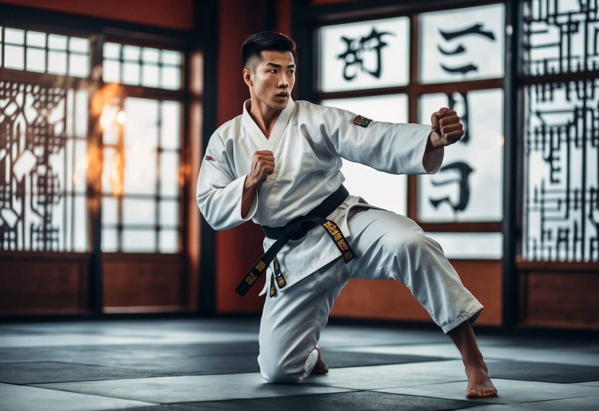 A karate student confidently demonstrates discipline and focus while performing precise kicks and punches in a traditional dojo setting