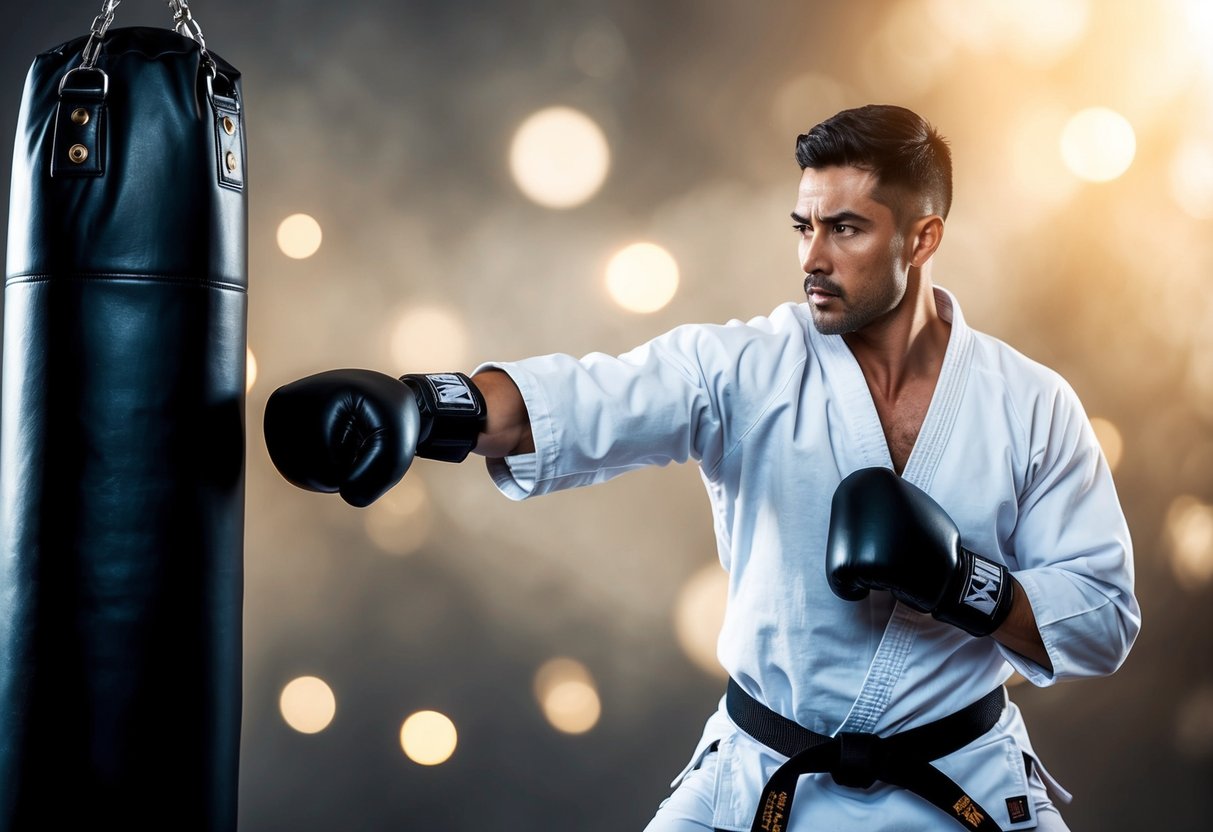 A karate practitioner strikes a punching bag with precision and force, demonstrating their skill and focus