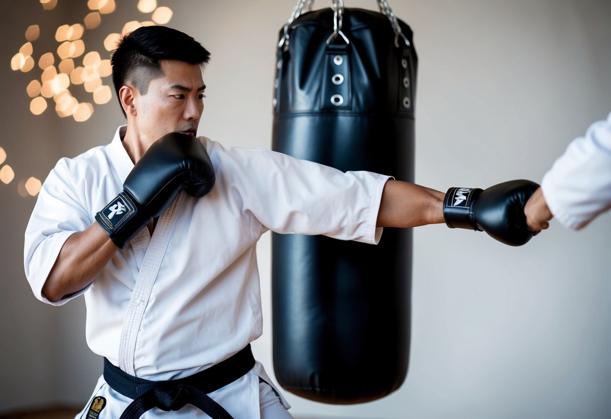 A karate practitioner strikes a punching bag with precision and power, demonstrating the benefits of training with the equipment