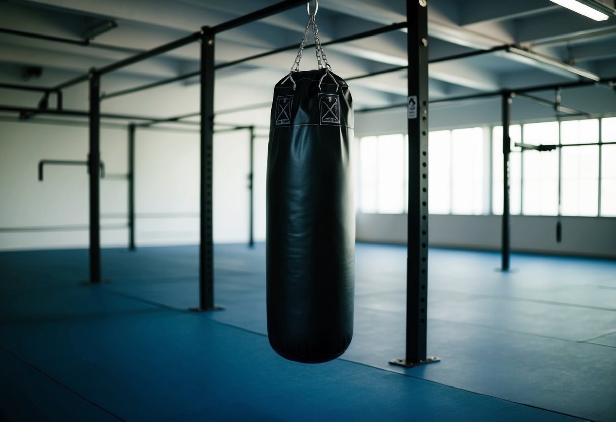 A punching bag hangs in a well-lit gym, surrounded by empty space for practicing karate moves