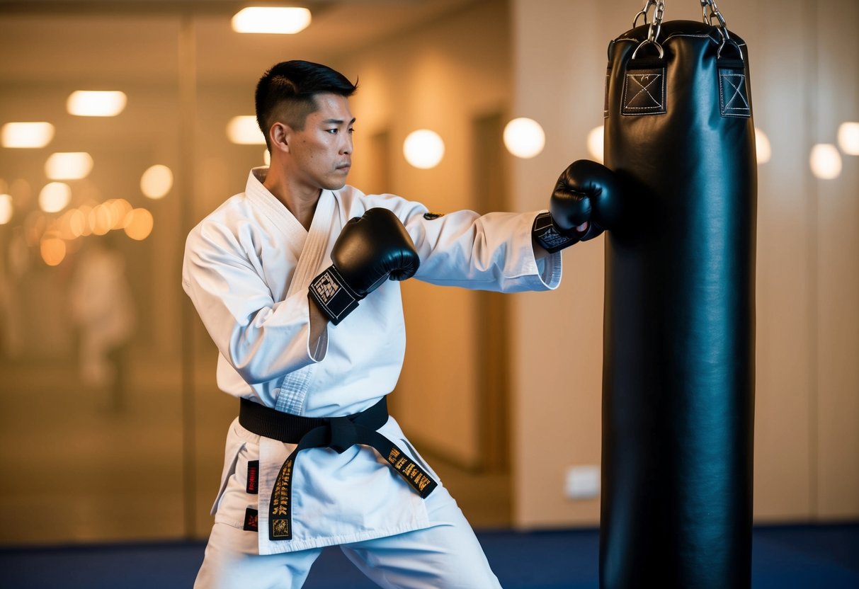 A karate practitioner executes advanced techniques on a punching bag