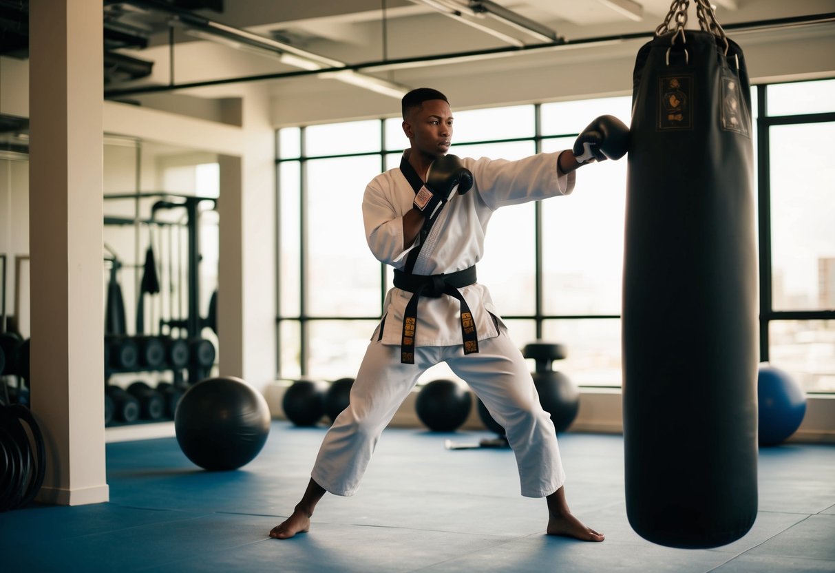 A person practicing karate with a punching bag in a gym