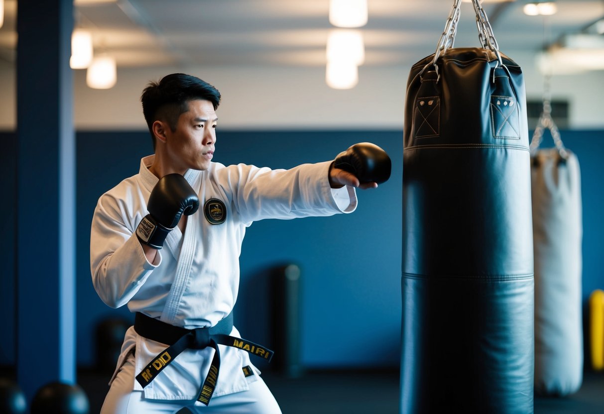 A martial artist practices karate moves with precision and power on a punching bag, incorporating it into their training routine