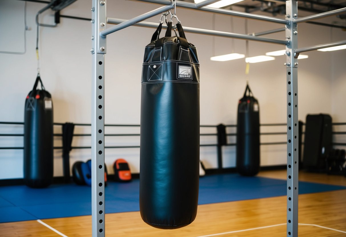 A punching bag hangs from a sturdy metal frame in a well-lit gym. Safety equipment, including gloves and pads, are neatly arranged nearby