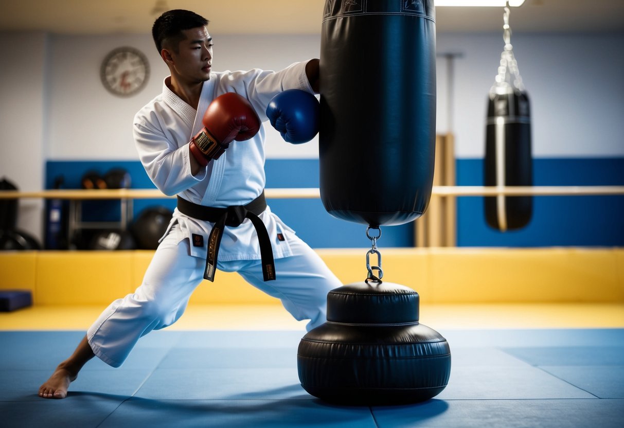 A karate practitioner using a punching bag to practice karate in a dojo