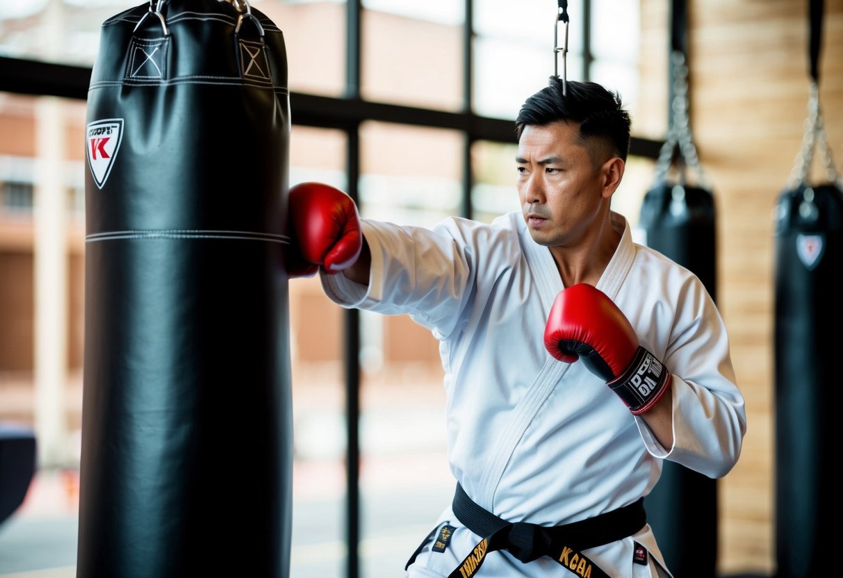 A karate practitioner using a punching bag with focused intensity and precision