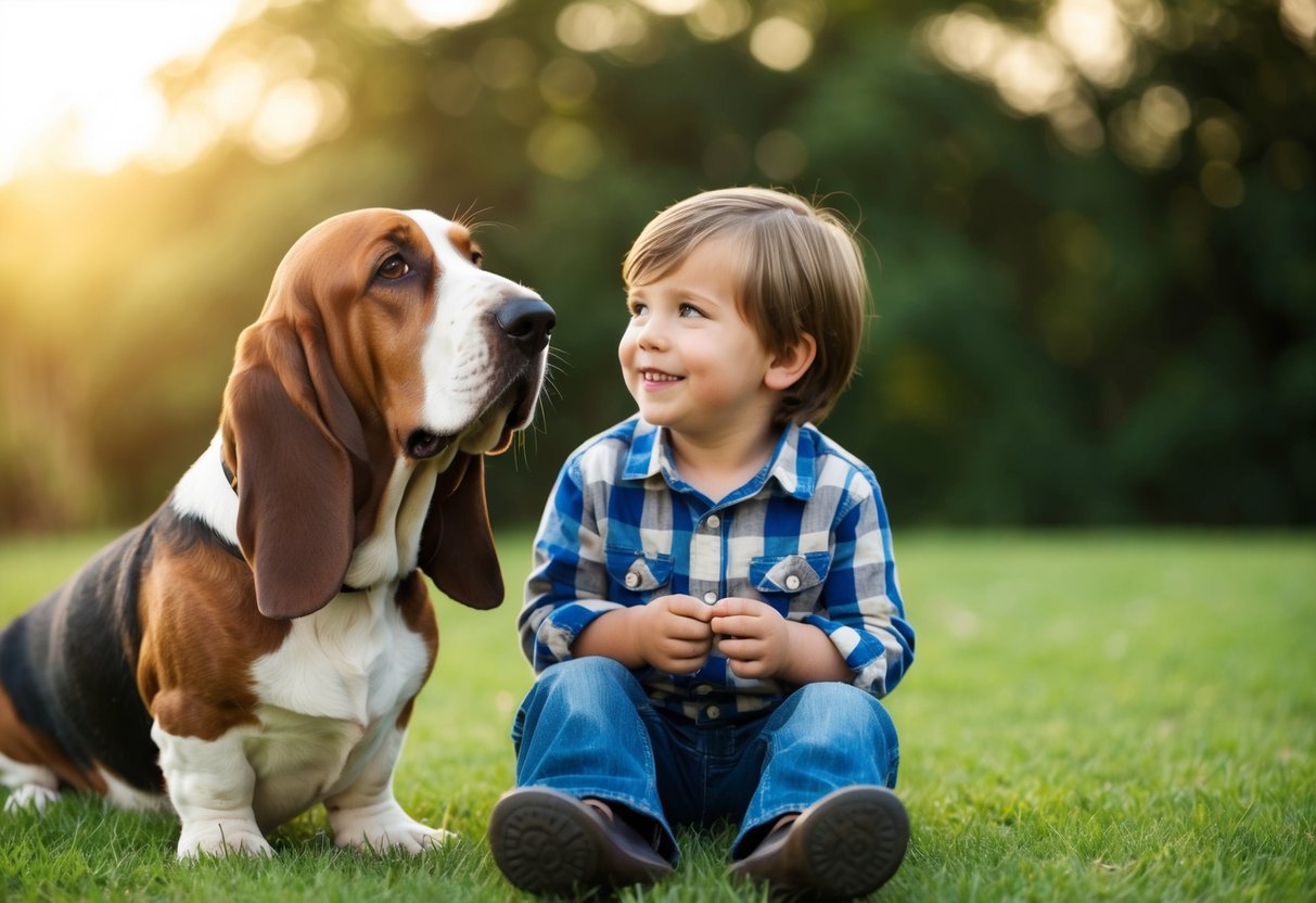 A basset hound calmly sits beside a smiling child, wagging its tail as the two look at each other with trust and affection