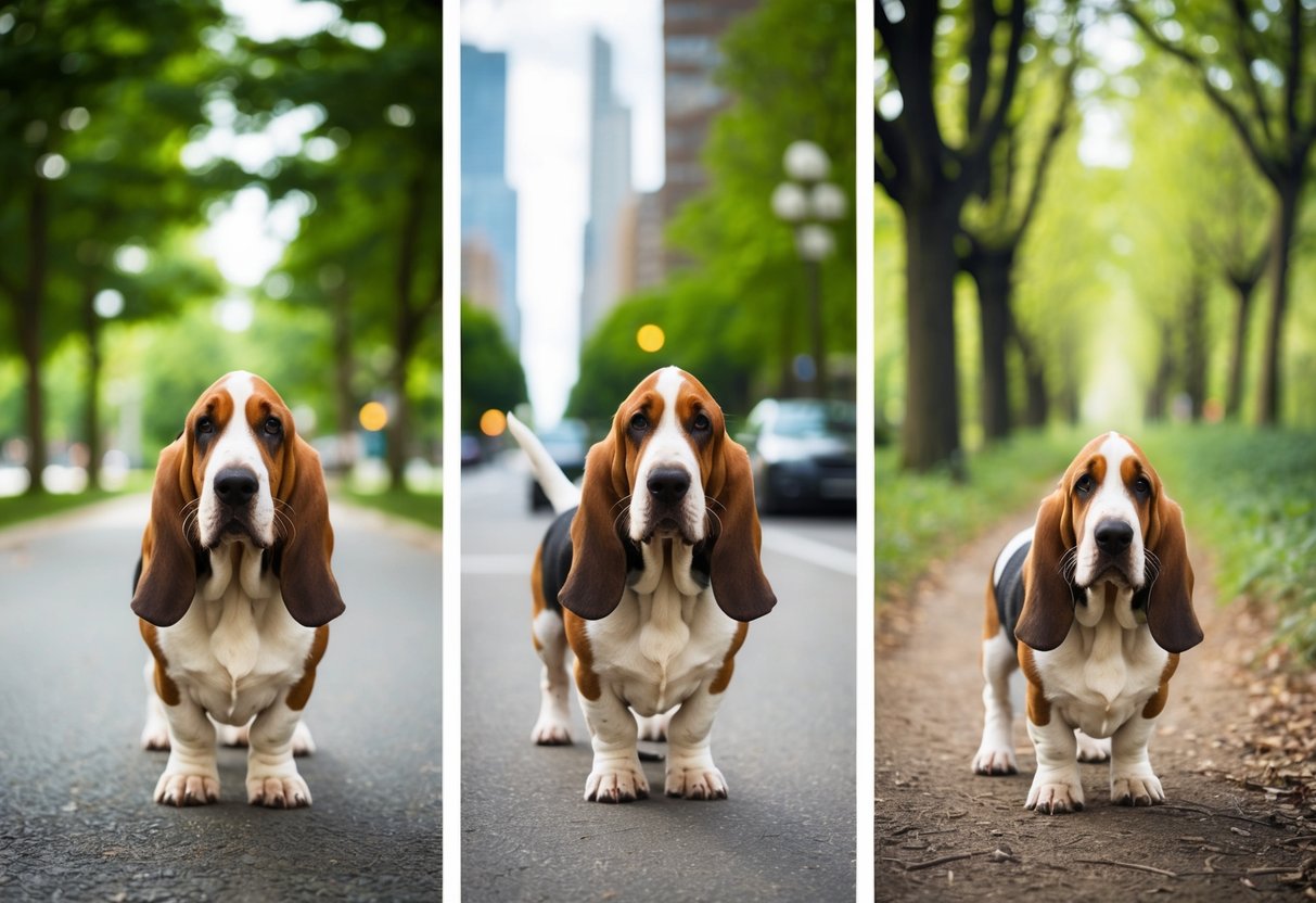 A basset hound goes on three leisurely walks through a park, city streets, and a wooded trail