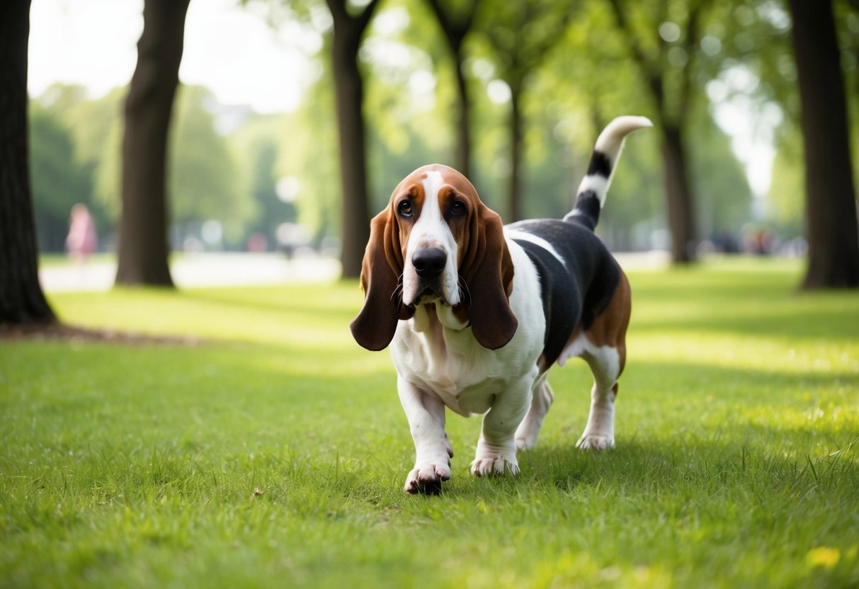 A basset hound walks through a park, surrounded by trees and grass. The dog's ears and tail are drooping, and its body is low to the ground as it walks