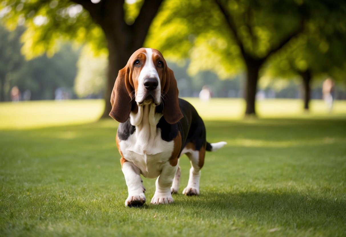 A basset hound walks three times a day in a green park