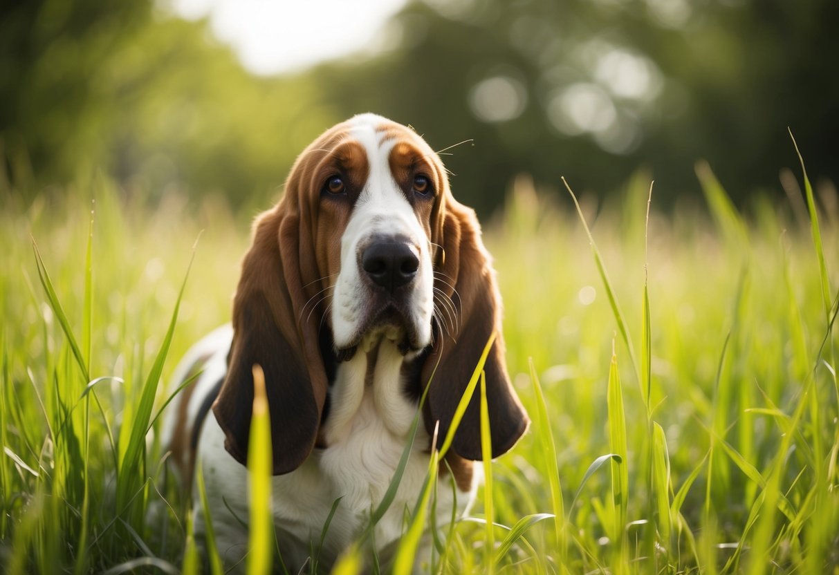 A basset hound peers through tall grass, squinting in the sunlight