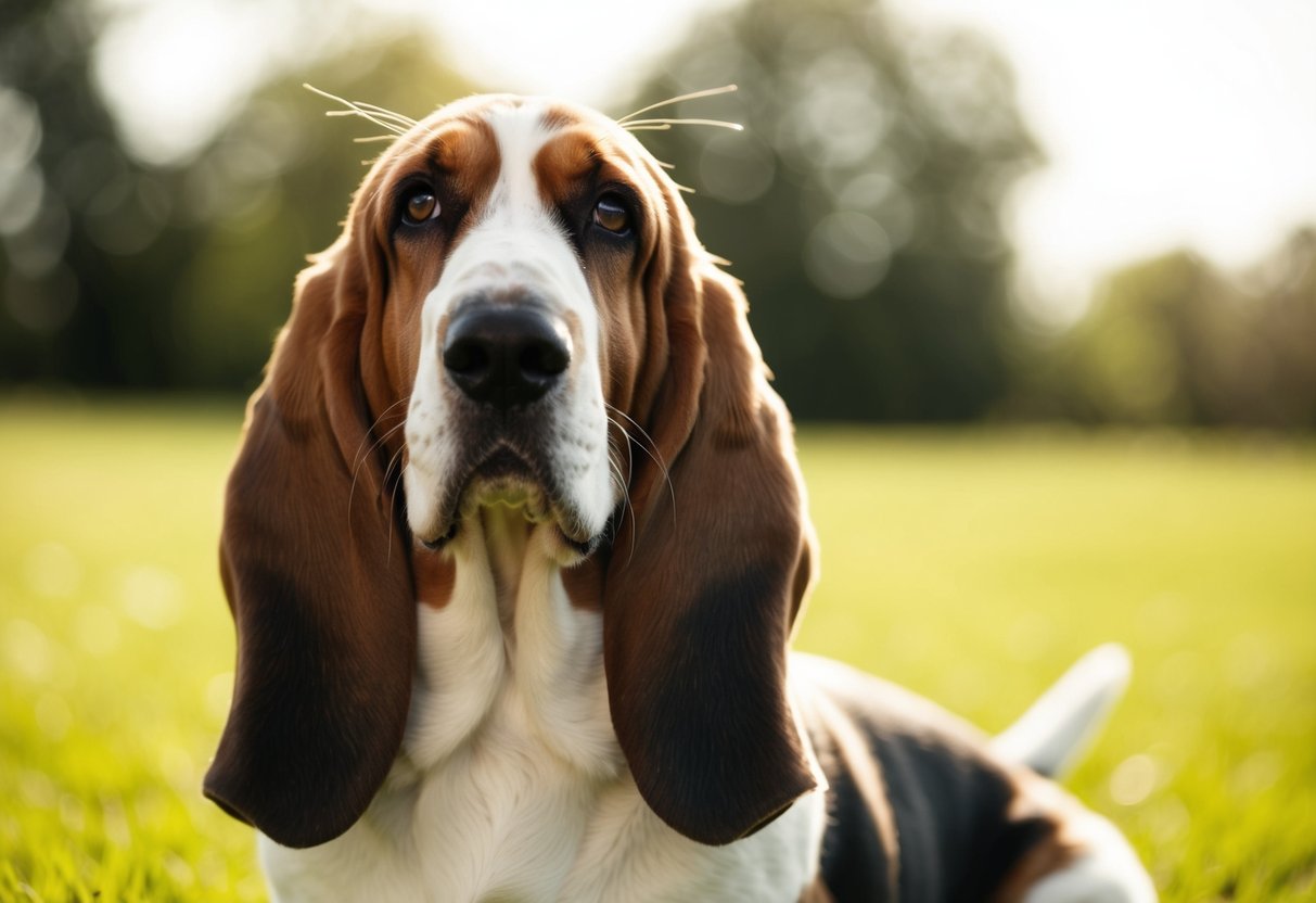 A basset hound with droopy ears and sad eyes squinting to see in the bright sunlight