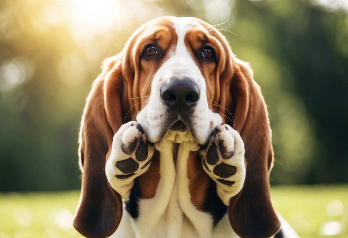 A basset hound squints in bright sunlight, rubbing its eyes with its paws. Its droopy eyelids suggest potential vision issues