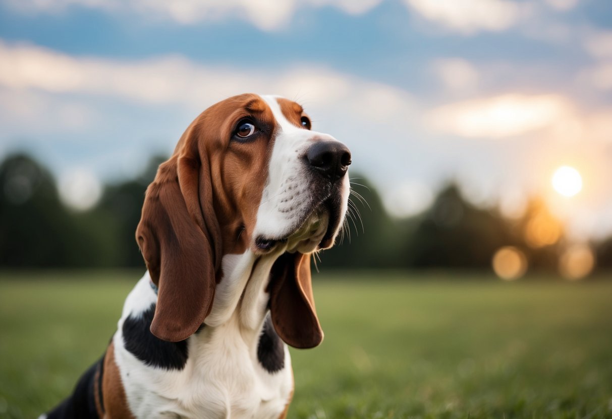 A basset hound squints while trying to focus on a distant object, with a puzzled expression on its face