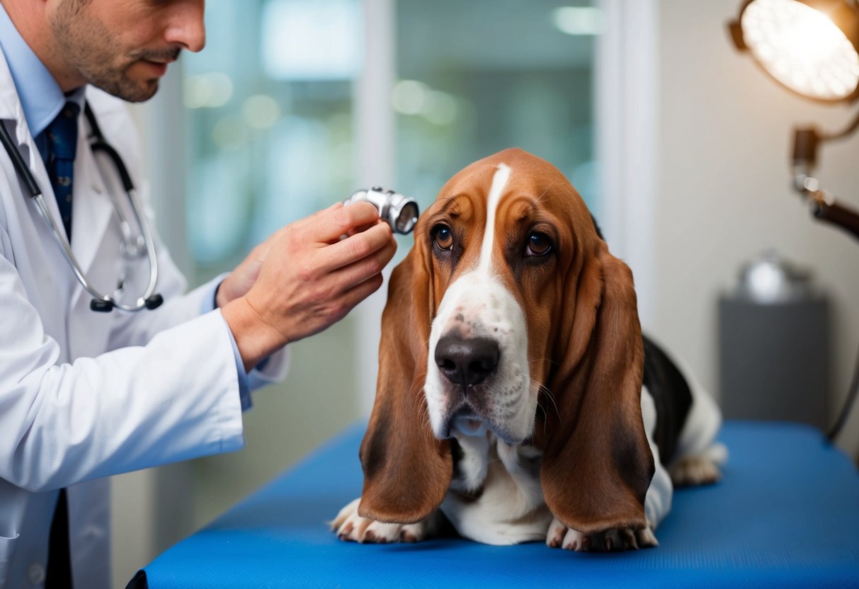 A basset hound sits on a veterinarian's table, with a concerned look on its face. The vet examines the dog's eyes with a bright light