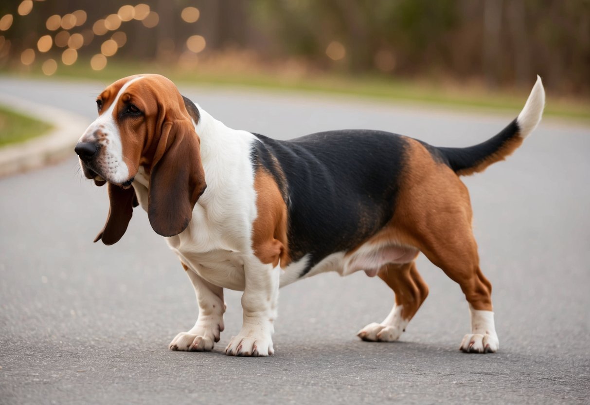 A basset hound struggles to stand up from a sitting position, its back hunched and hind legs stiff