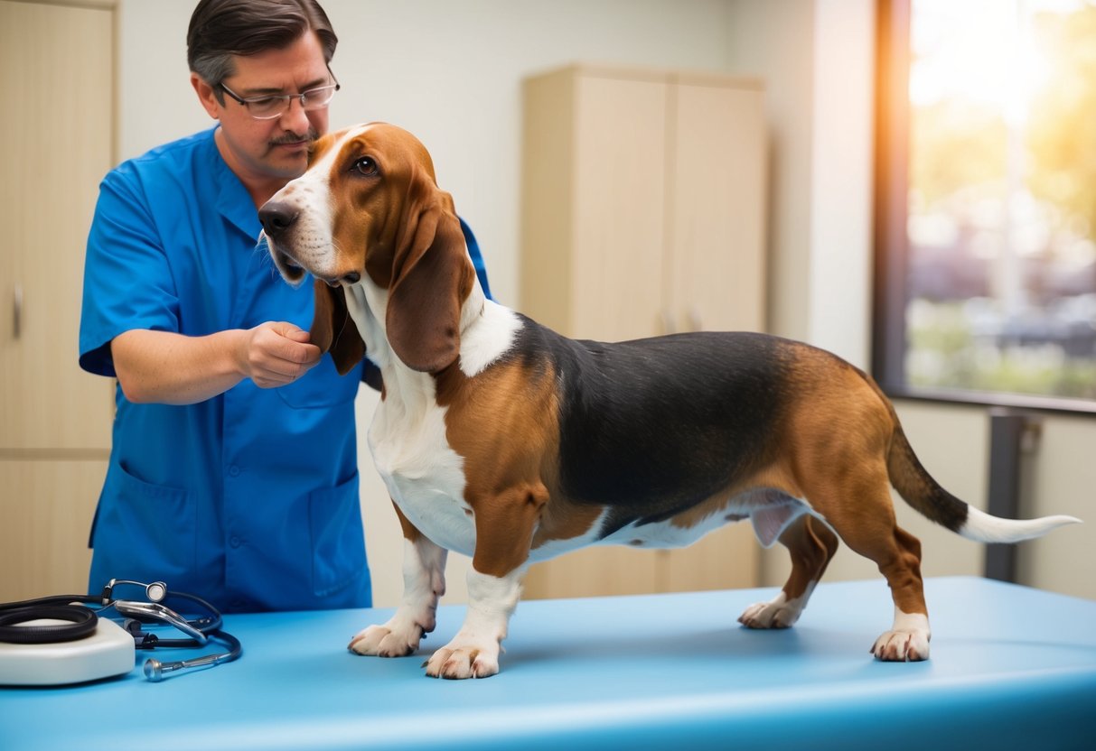 A basset hound with a long back struggling to walk, while a veterinarian examines its spine