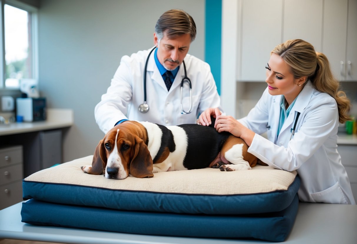 A basset hound lying on a supportive dog bed with a veterinarian examining its back and discussing preventative measures