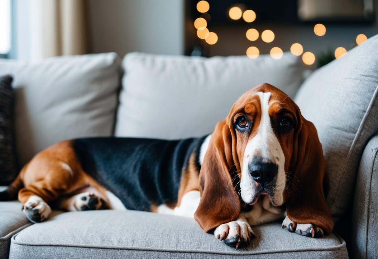 A basset hound lounges on a cozy apartment couch, looking content and relaxed. Its droopy ears and soulful eyes convey a sense of calmness and companionship