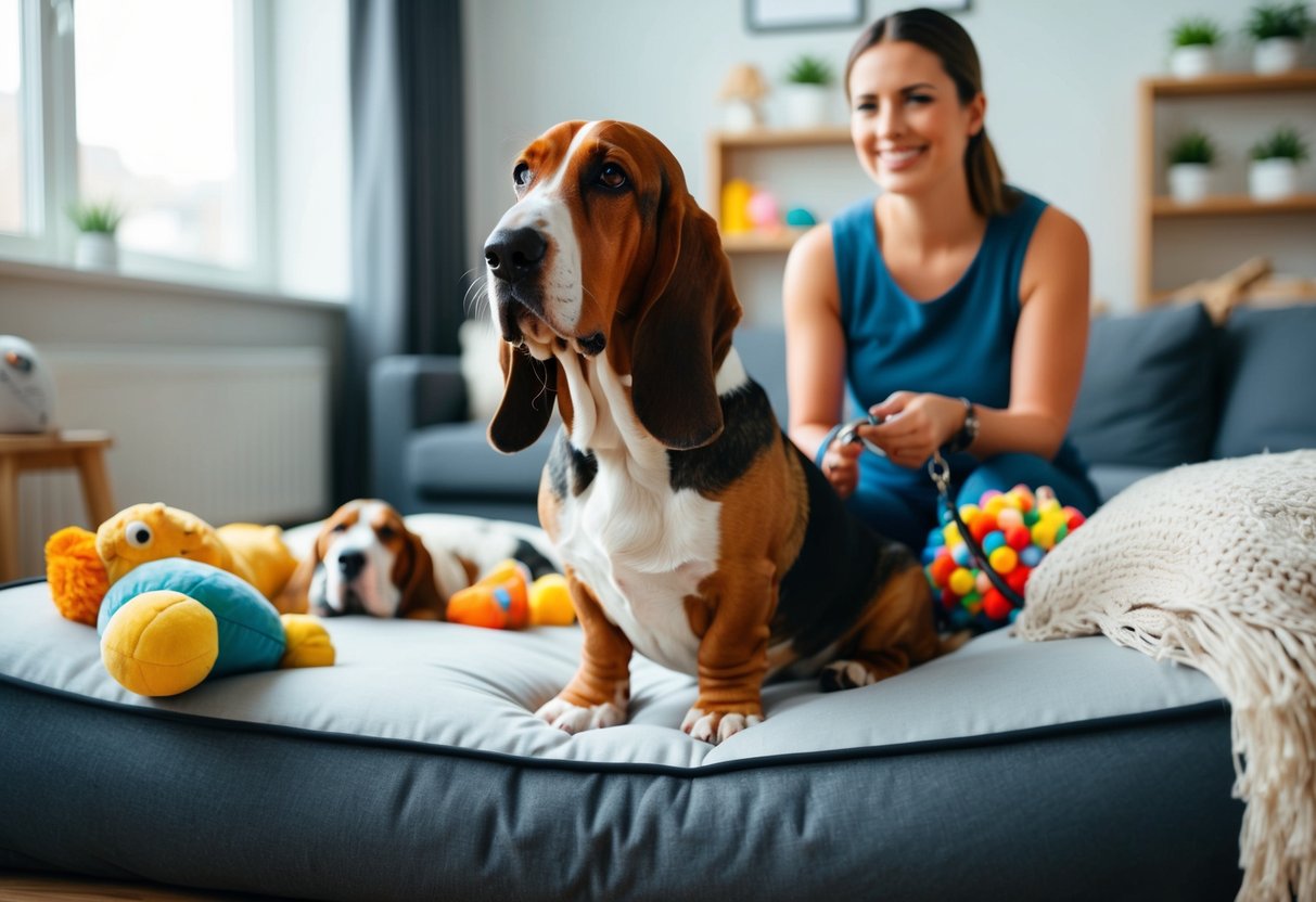 A basset hound sits calmly in a cozy apartment, surrounded by toys and a comfortable bed. Its owner smiles, holding a leash