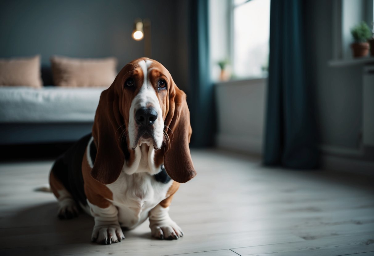 A basset hound sits alone in a dimly lit room, its droopy ears and sad eyes conveying a sense of longing and melancholy