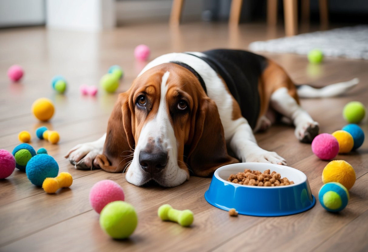 A basset hound laying on the floor with a sad expression, surrounded by scattered toys and a bowl of untouched food