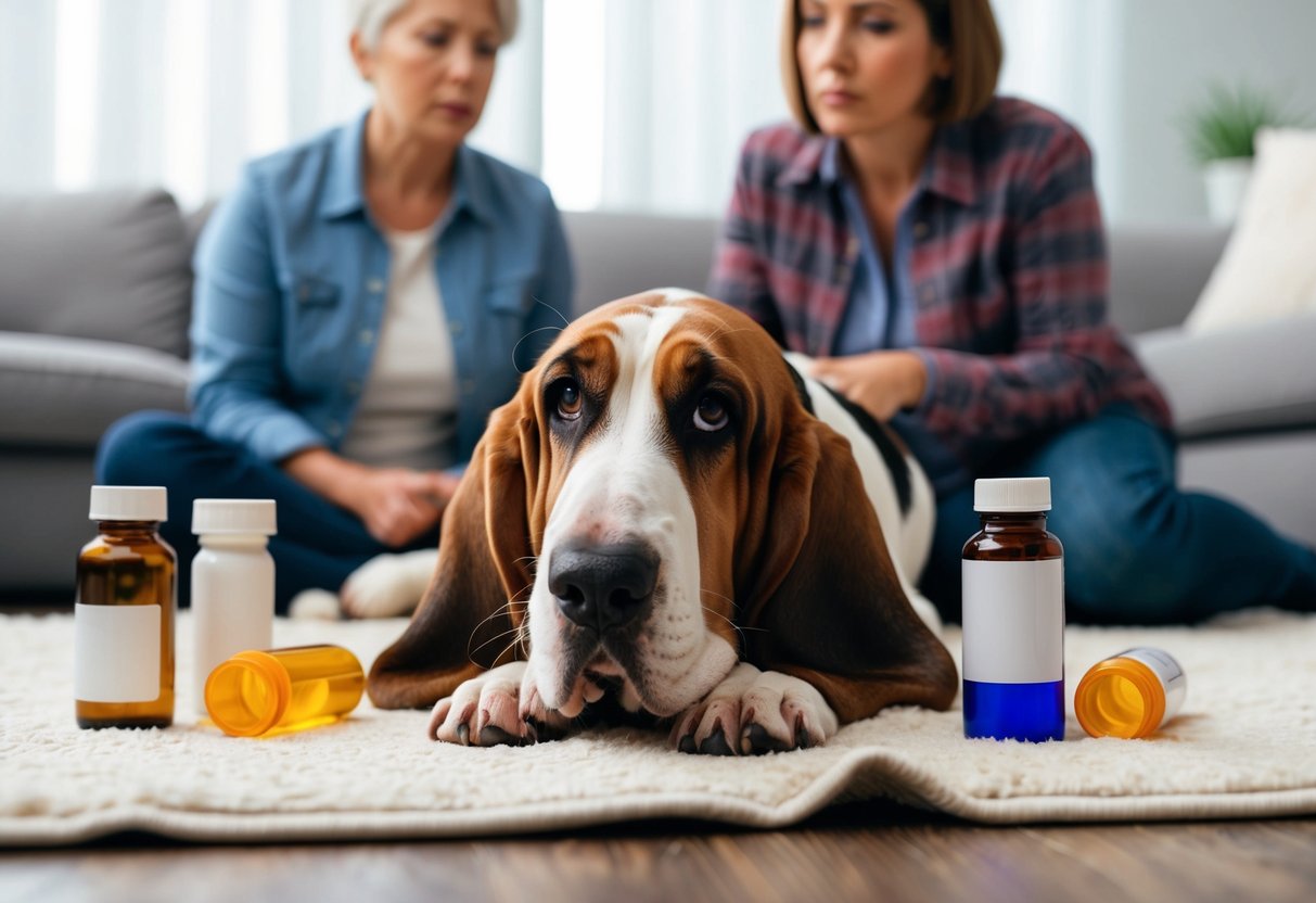A basset hound lying down with a sad expression, surrounded by medication bottles and a worried owner looking on