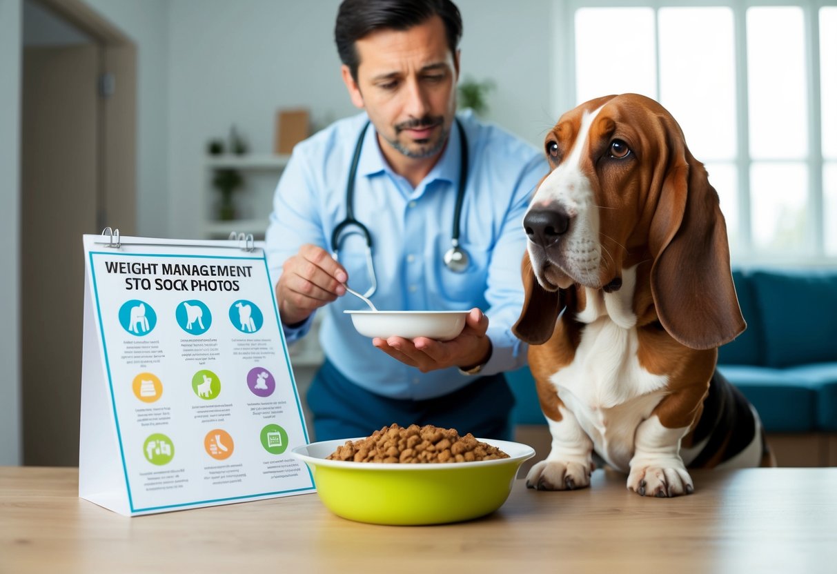 A basset hound with a round belly stands next to a bowl of food, while a concerned owner looks at a chart of weight management tips